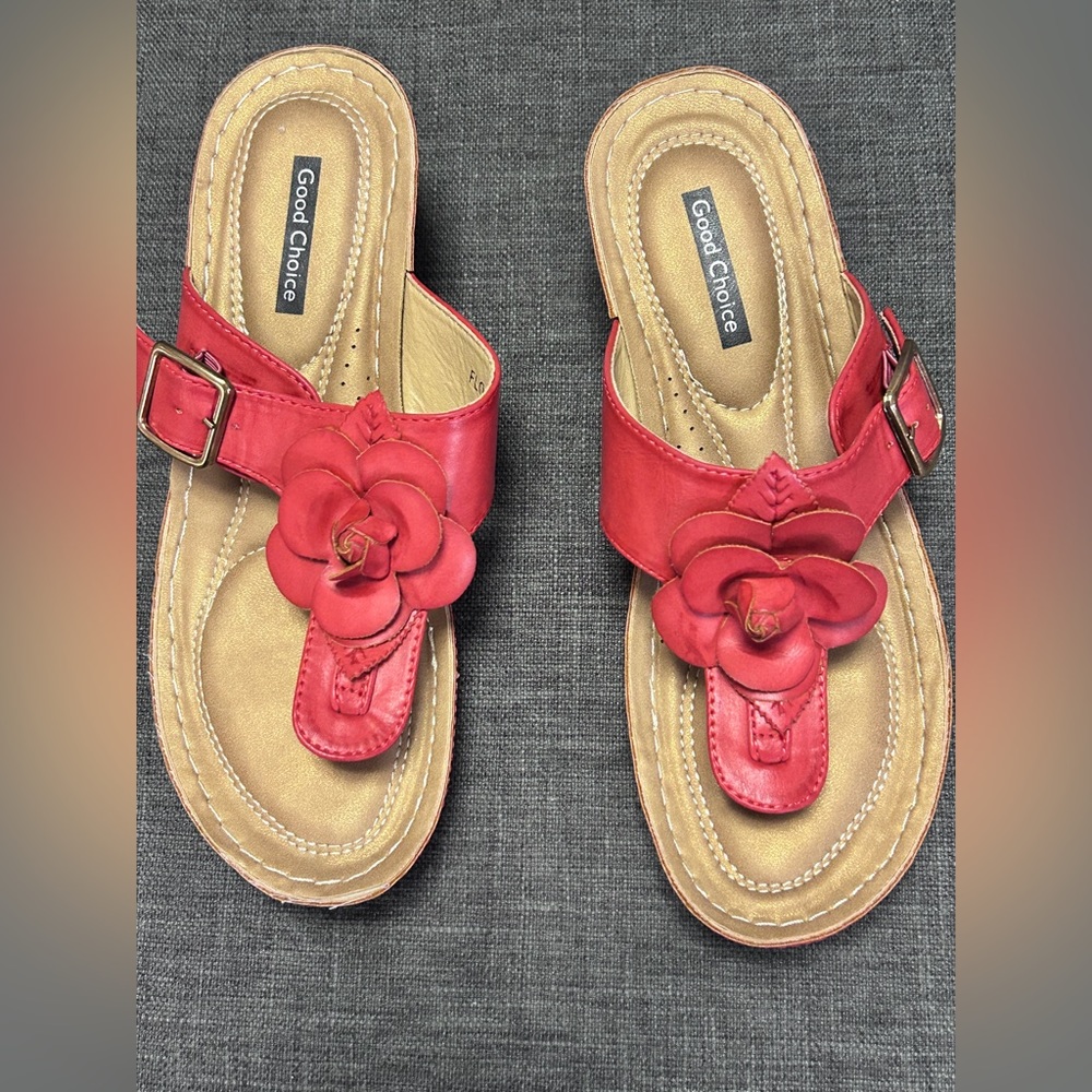 GC Good Choice Blossom Rosette Slide Wedge Sandals Blossom 9W Red Leather